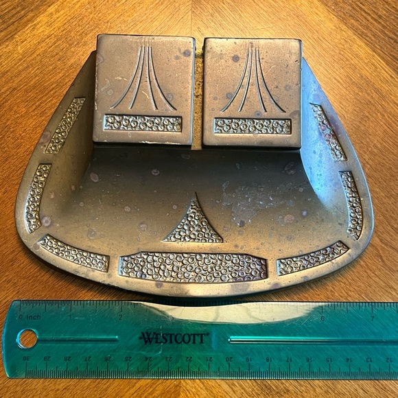 Antique Geschutzt Real Bronze Double Inkwell Set Art Nouveau - Picture 7 of 9